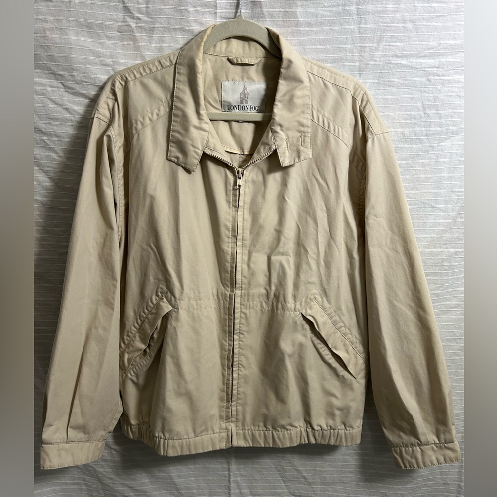 Vintage London Fog Mens Bomber Jacket 90s Zip Up Men’s Khaki Button Neck Size L